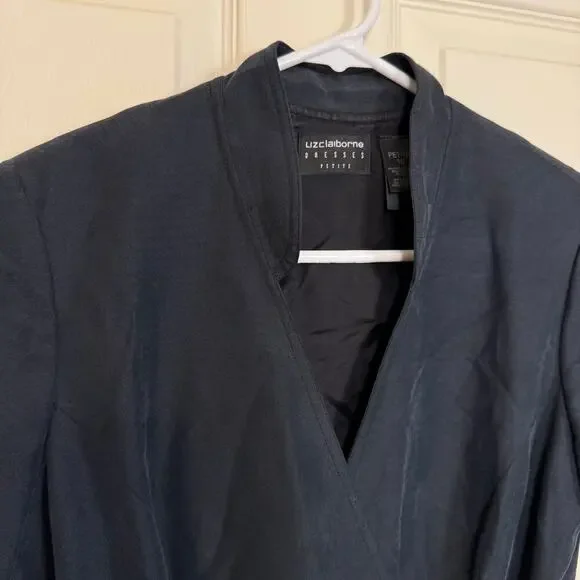 Vintage Liz Claiborne Wrap Dress Mandarin Collar 10 Petite Black Belted GUC - Picture 10 of 10